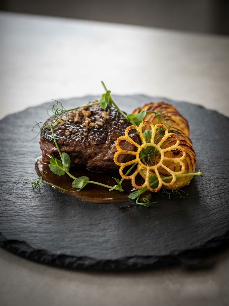 Beef fillet with a gold potato-flower tuile on slate
