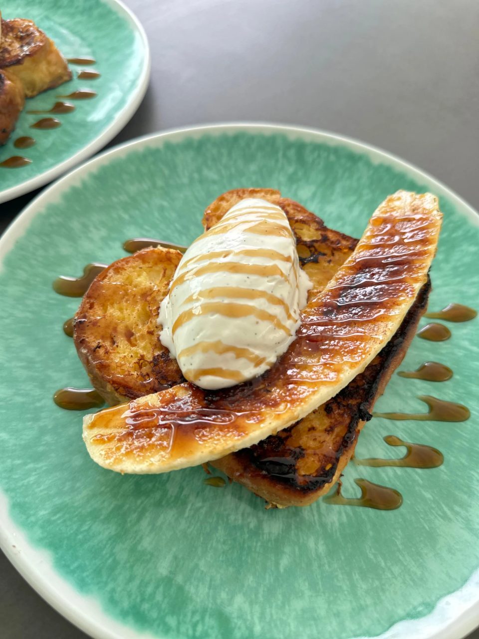 Caramelised French toast with vanilla ice cream and caramel