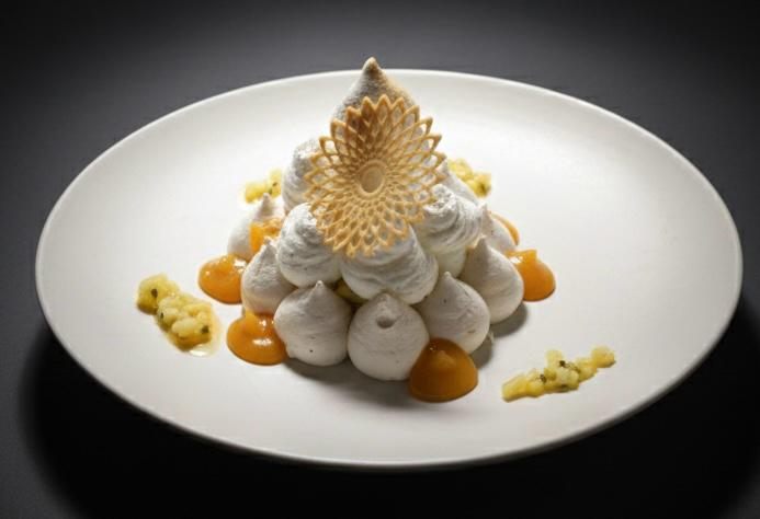 Meringue dessert with citrus and a patterned tuile