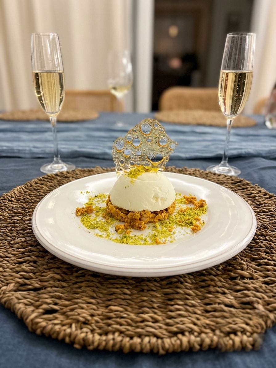 Cream quenelle with a gold tuile