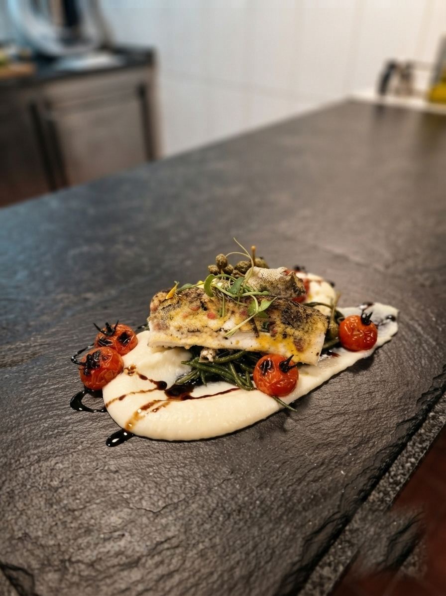 Pan-seared fish with cherry tomatoes, plated by Christian Wybaux