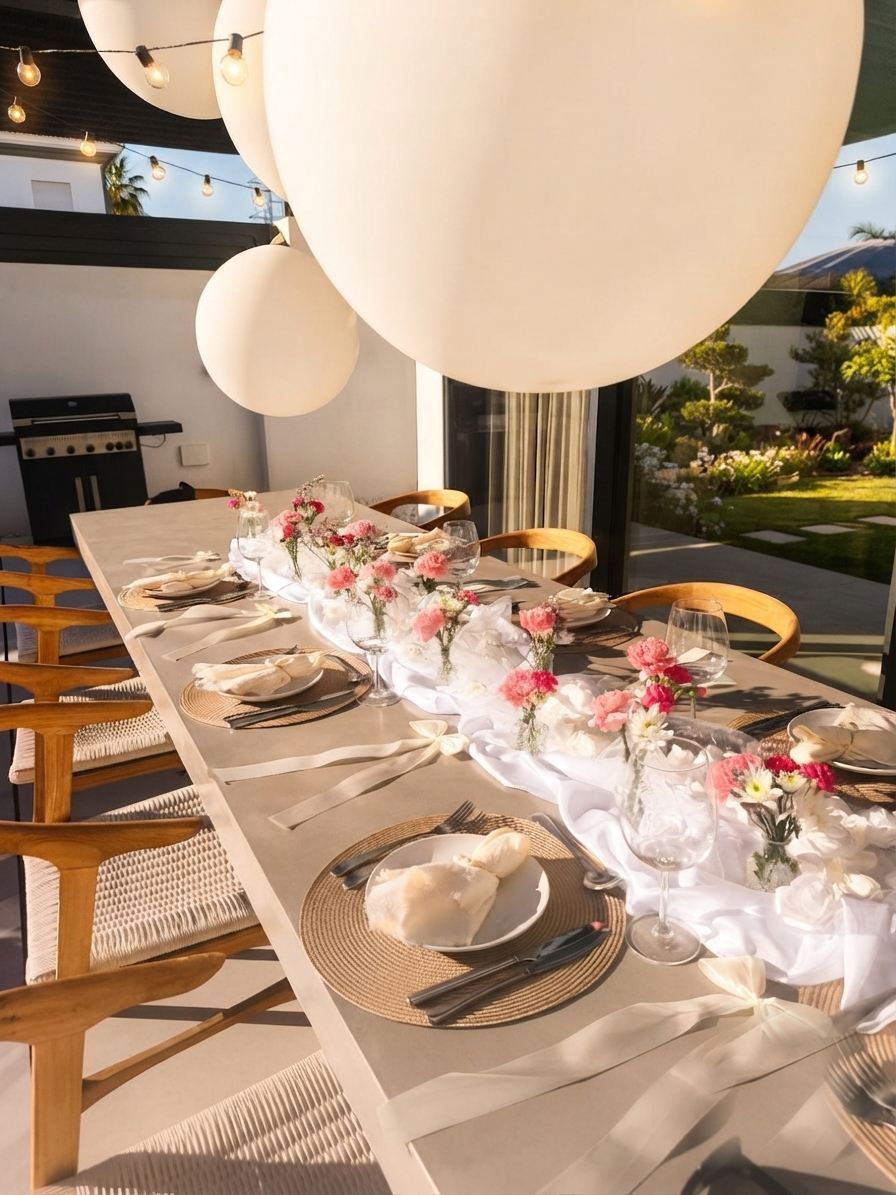 A private dining table dressed along the terrace