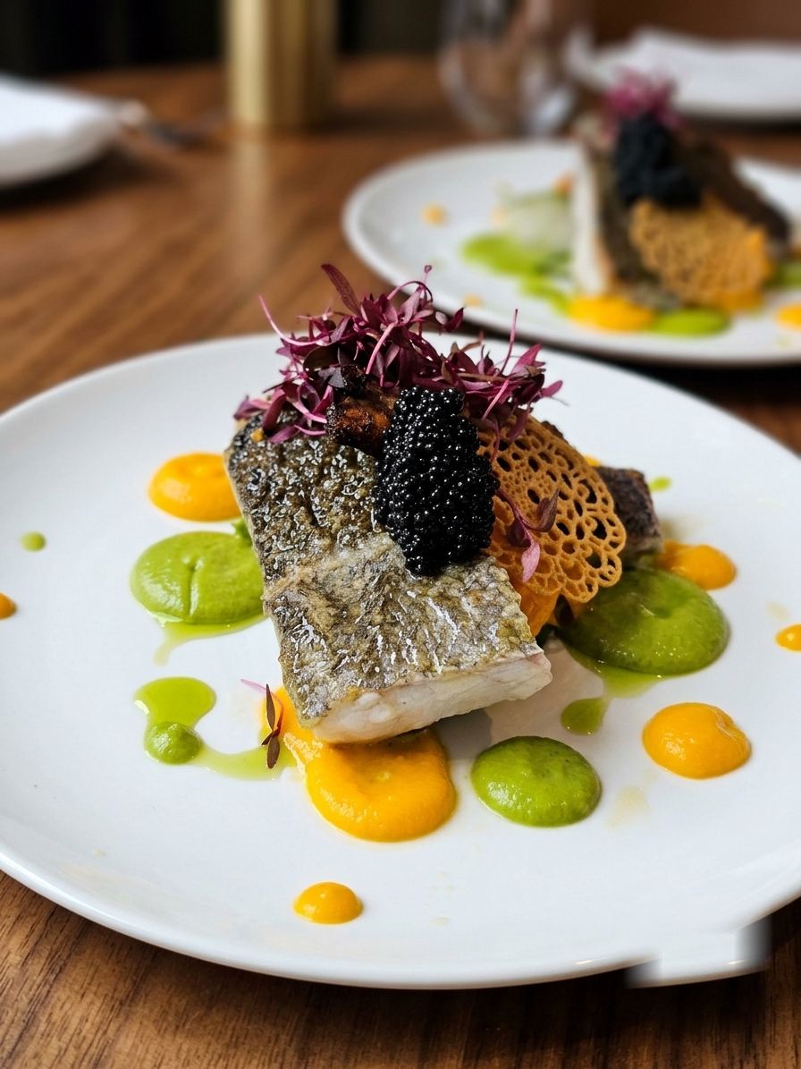 Crispy-skin sea bass with caviar, pea and carrot purée