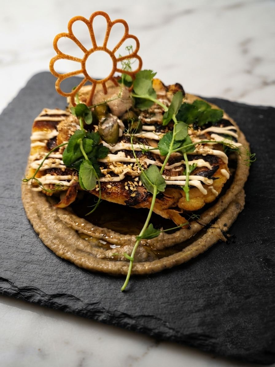 Flatbread with drizzle and micro-herbs