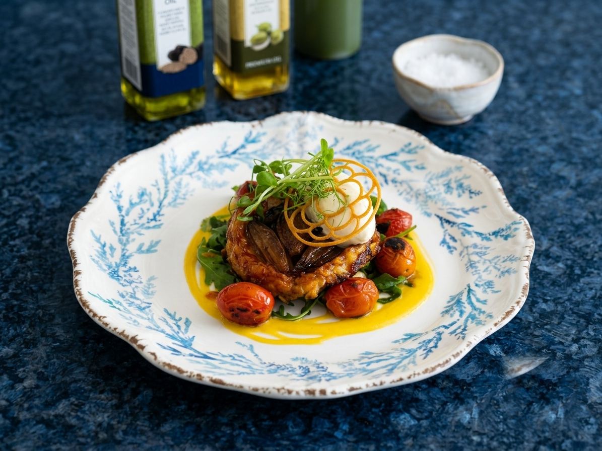 Slow-cooked main with confit tomatoes on a hand-painted plate